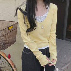 Solid Color Fake Two Piece Long Sleeve Tee