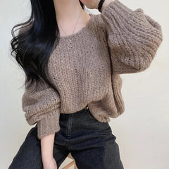 Solid Color Round Neck Knitted Crochet Sweater