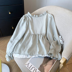 Aesthetic Patchwork Bow Tie Long Sleeve Blouse