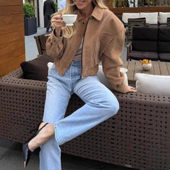 Vintage Suede Pocket Zip Up Lapel Jacket