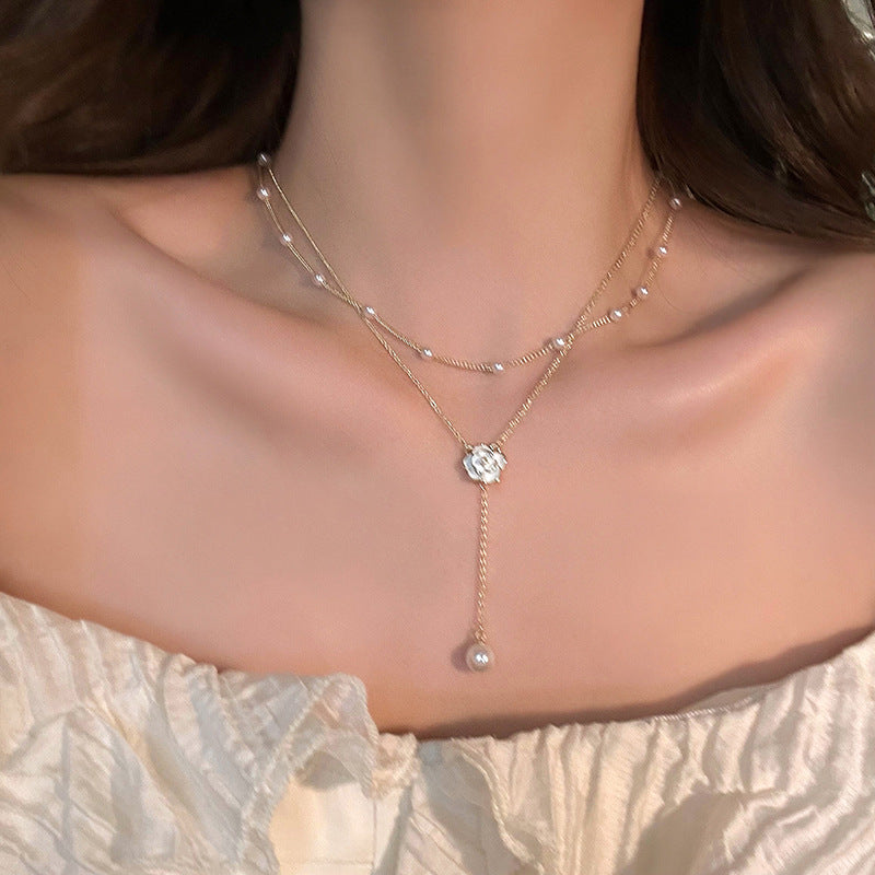 Double-layer Pearl Camellia Necklace - fairypeony