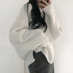 Round Neck Slit Hemline Oversized Sweater