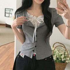 Lace Stitching Tied Square Collar Short Sleeve Tee