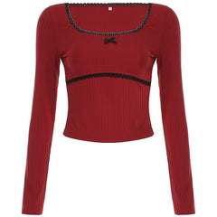 Lace Trim Round Neck Bow Coquette Long Sleeve Tee