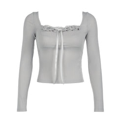 Stitching Square Neck Coquette Bow Long Sleeve Tee