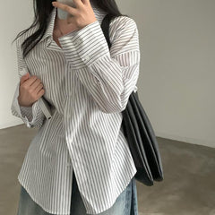 Vintage Striped Long Sleeve Oversized Casual Blouse