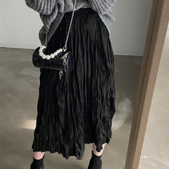 Vintage Crumpled Elastic Waist Midi Skirt