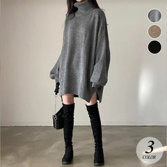 Solid Color High Collar Mid Length Oversized Sweater