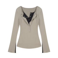Solid Color Fake Two Pieces Long Sleeve Tee