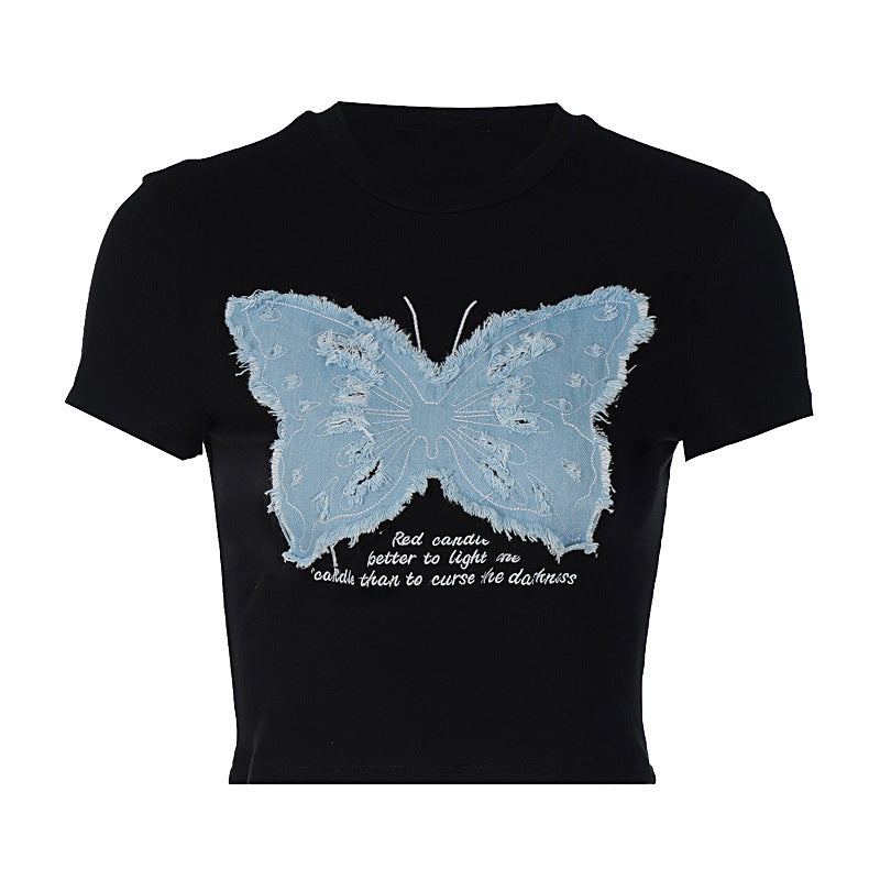 Vintage Butterfly Patchwork Short Sleeve Tee - fairypeony