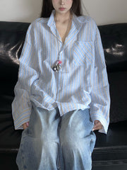 Retro Lazy Style Refreshing Stripes Shirt Coat Women