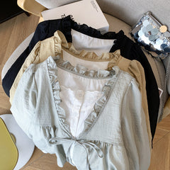 Aesthetic Patchwork Bow Tie Long Sleeve Blouse