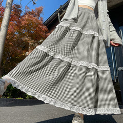 Aesthetic Checkered Print Ruffled Maxi Skirt