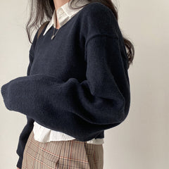 Solid Color Round Neck Cropped Loose Sweater