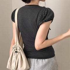 Vintage Striped Round Neck Tied Short Sleeve Tee