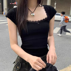 Lace Trim Square Neck Bow Short Sleeve Tee