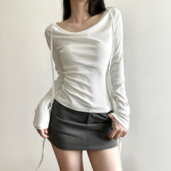 Solid Collar Neck Tie Long Sleeve Knitted Tee