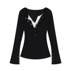 Solid Color Fake Two Pieces Long Sleeve Tee