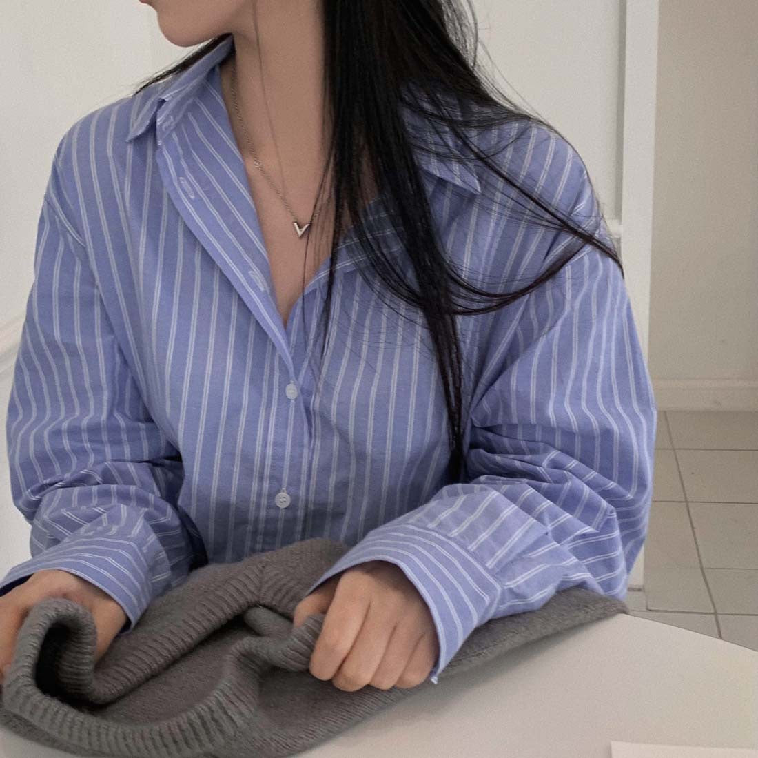 Vintage Striped Long Sleeve Loose Blouse - fairypeony