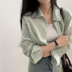 Solid Color Striped Crop Long Sleeve Blouse