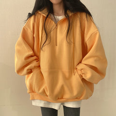 Solid Color Half Zip Up Oversized Hoodie - fairypeony