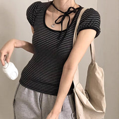 Vintage Striped Round Neck Tied Short Sleeve Tee