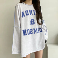 Letter Print Stitching Details Oversized Long Sleeve Tee