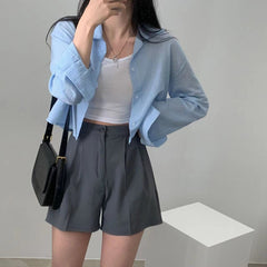 Solid Color Striped Crop Long Sleeve Blouse