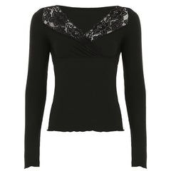 Lace Cross V-Neck Long Sleeve Tee - fairypeony