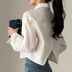 Solid Color Long Sleeve Crop Blouse