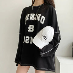 Letter Print Stitching Details Oversized Long Sleeve Tee