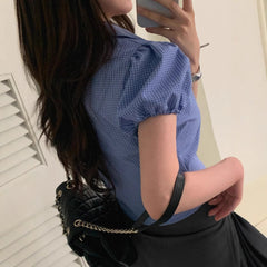 Checkered Print Puff Short Sleeve Blouse