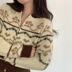 Vintage Jacquard Print Zip Up Cardigan