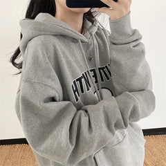 Solid Color Embroidered Letter Loose Hoodie