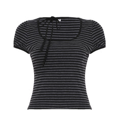 Vintage Striped Round Neck Tied Short Sleeve Tee