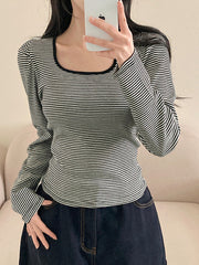 Square Collar Tied Striped Long Sleeve Tee