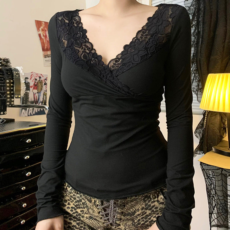 Lace Cross V-Neck Long Sleeve Tee - fairypeony