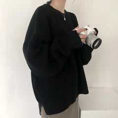 Round Neck Slit Hemline Oversized Sweater
