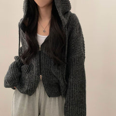 Solid Color Cable Knit Oversized Hooded Zipper Cardigan