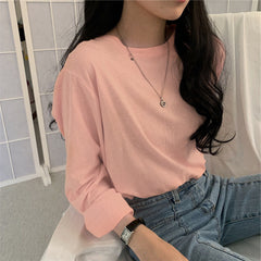 Solid Color Long Sleeve Round Neck Tee