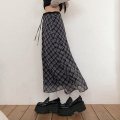 Vintage Plaid Chiffon Maxi Skirt