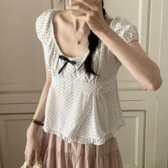 Polka Dot Print Aesthetic Bow Puff Short Sleeve Tee