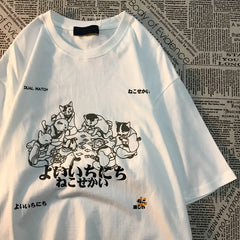 Japanese Cats Print Oversized T-shirt