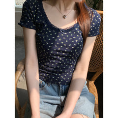 Lace Trim Round Neck Bow Floral Print Tee