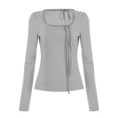 Square Collar Tied Striped Long Sleeve Tee