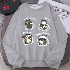 Coffee Cute Kitten Print Oversized Sweatshirt