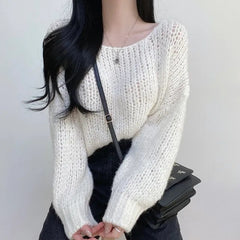 Solid Color Round Neck Knitted Crochet Sweater