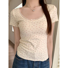 Lace Trim Round Neck Bow Floral Print Tee