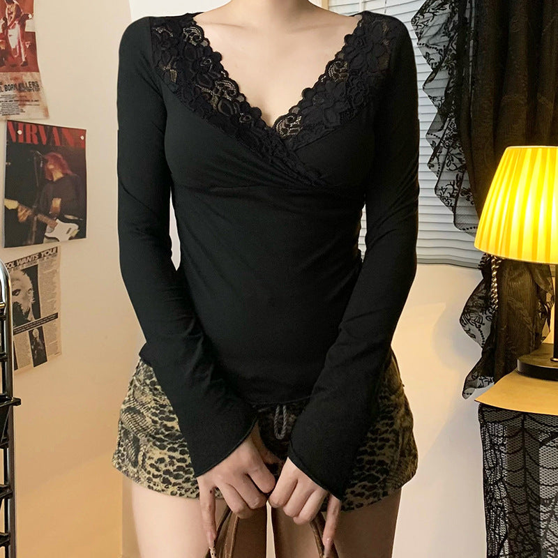 Lace Cross V-Neck Long Sleeve Tee - fairypeony