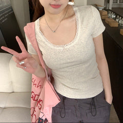 Lace Trim Round Neck Bow Floral Print Tee